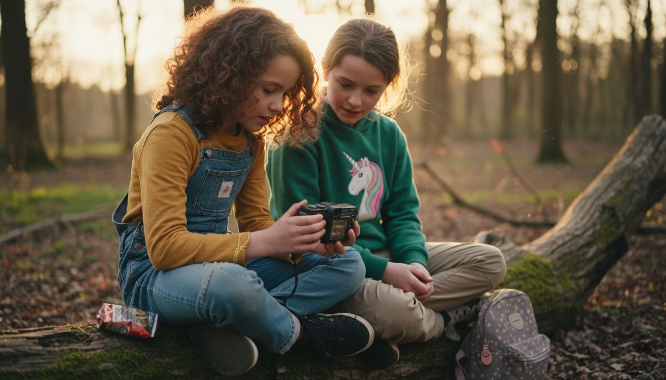 Kids sharing digital camera outdoors