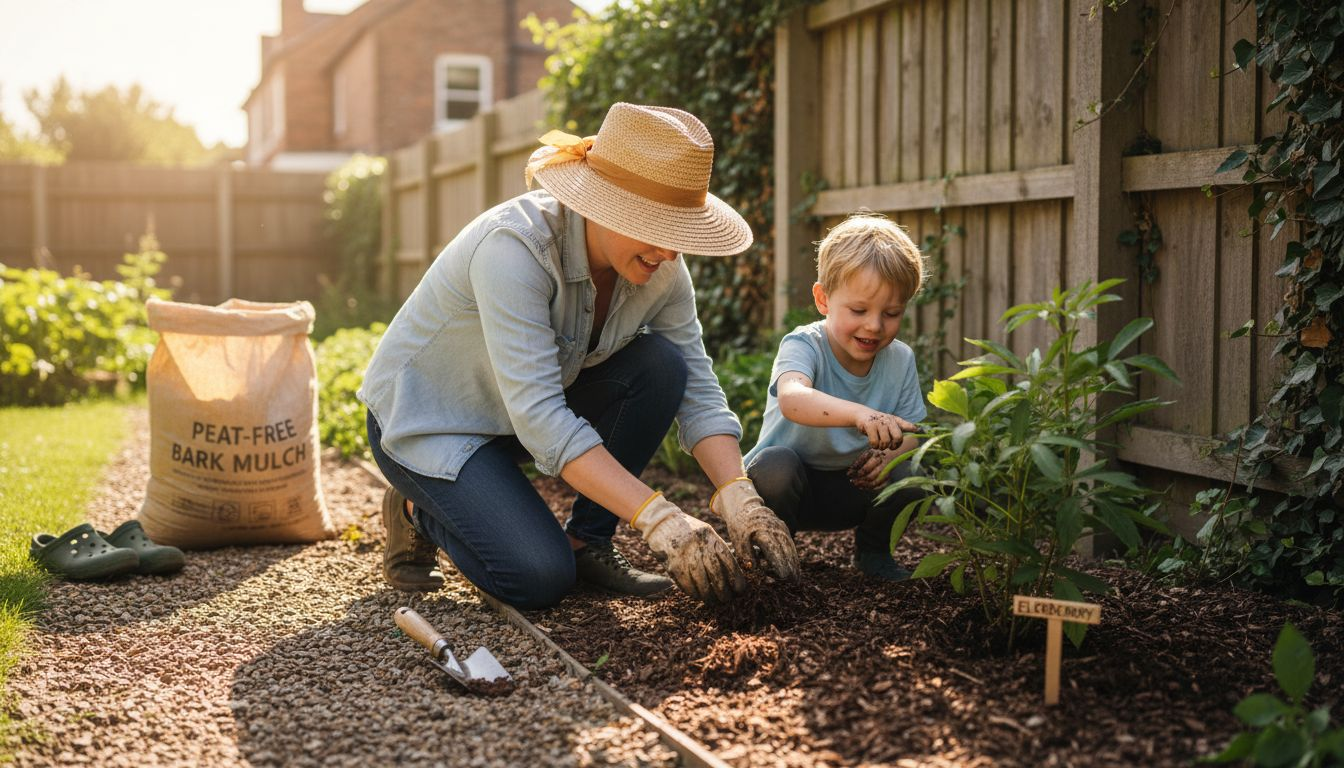Family planting native shrubs in backyard