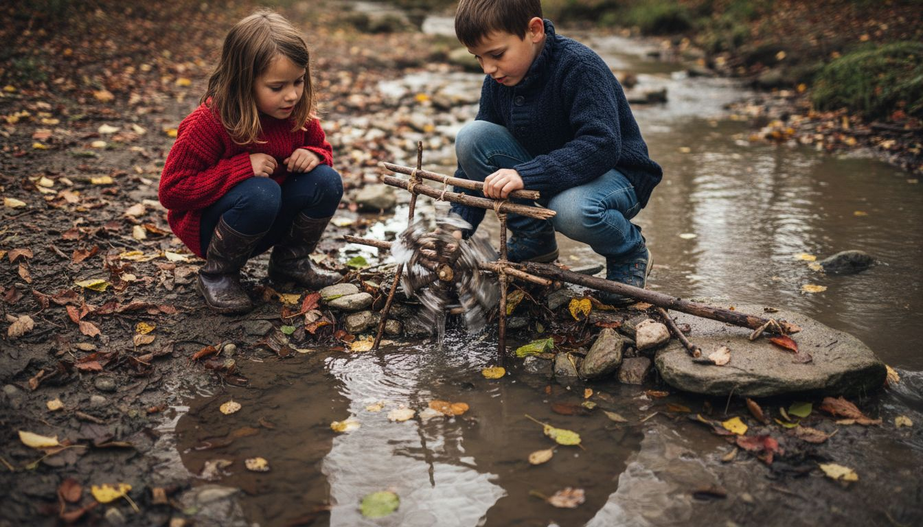 Des enfants mènent une petite expérience scientifique au bord de la rivière.