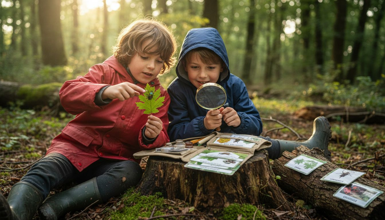 Des enfants partent à la découverte des feuilles et des insectes dans la nature.