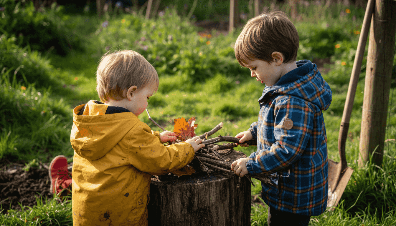 Children stacking natural materials during outdoor play