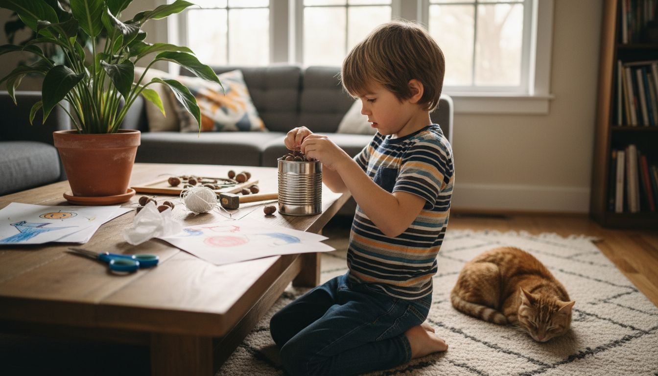 Un enfant qui crée son propre instrument de musique avec des objets trouvés à la maison.