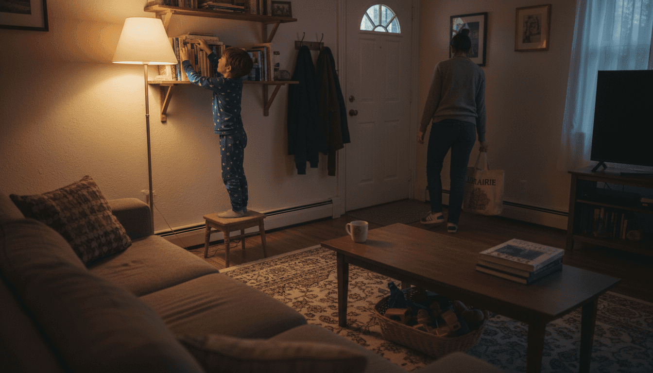 Avant de sortir du salon, l’enfant prend soin d’éteindre la lumière.