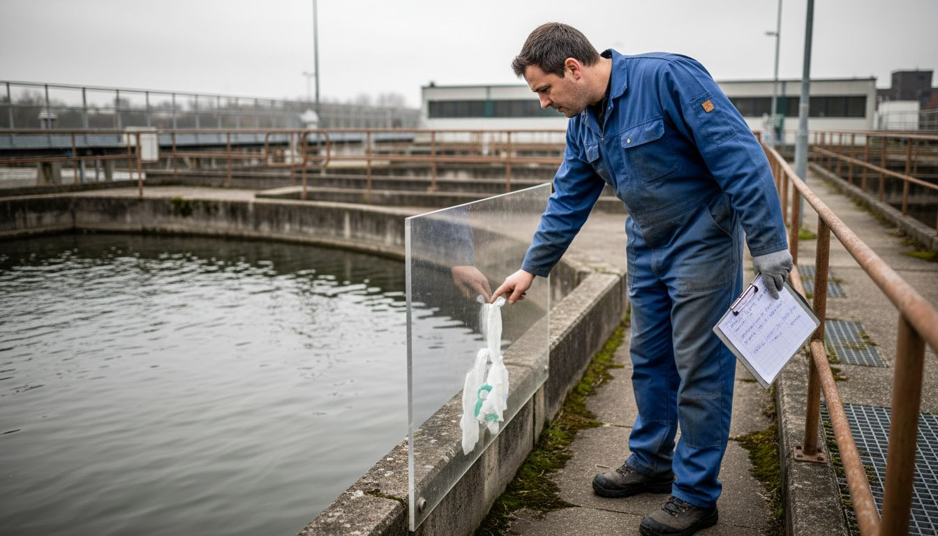 Technician inspecting wipes at water facility