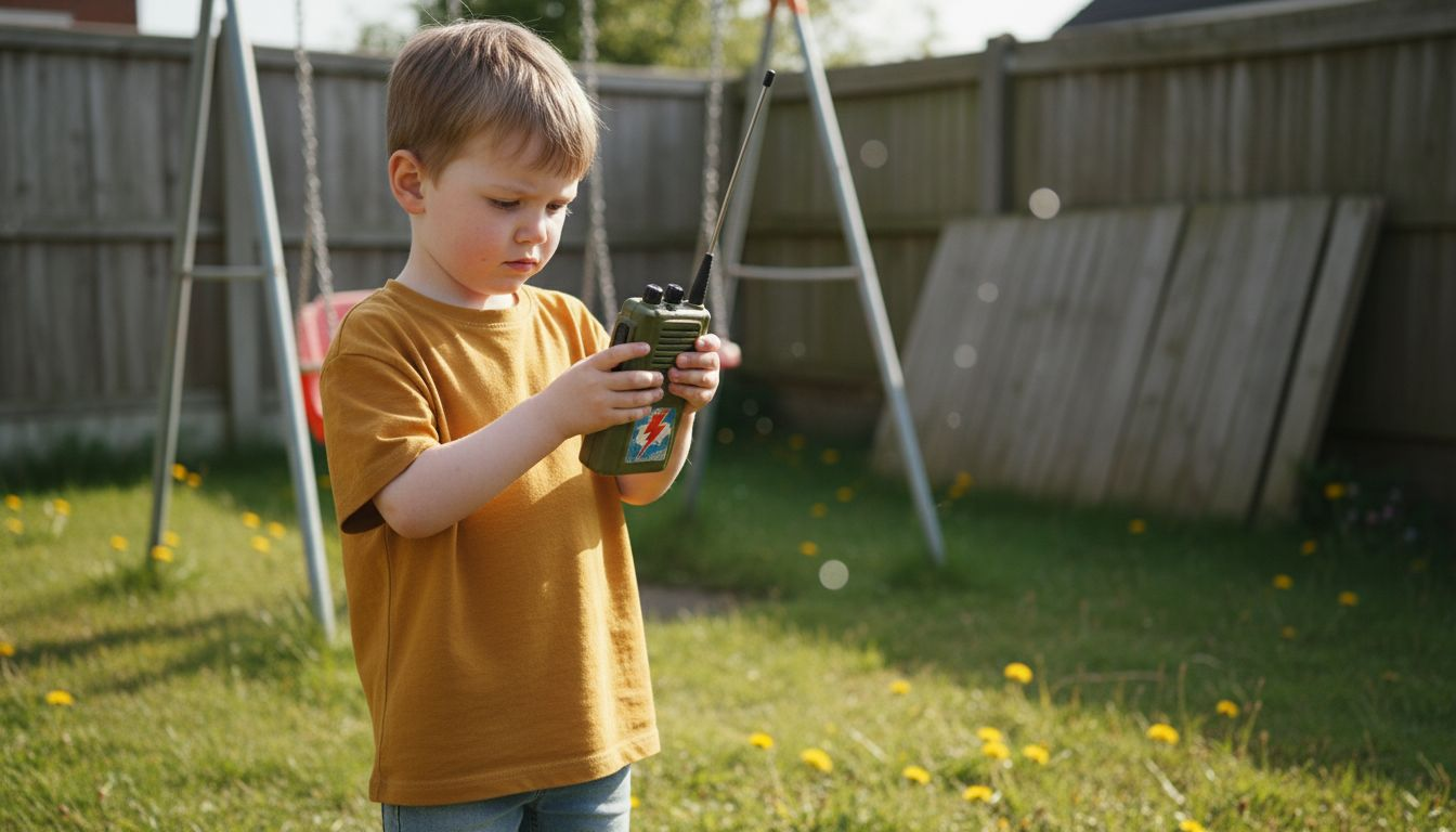 Child adjusting walkie talkie antenna in backyard