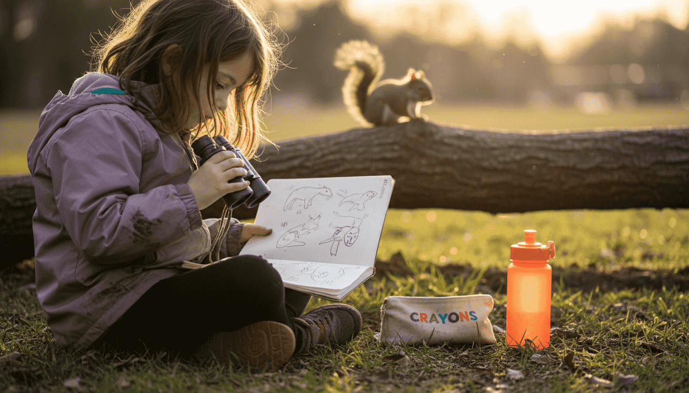 Un enfant prend des notes après avoir observé à la jumelle.