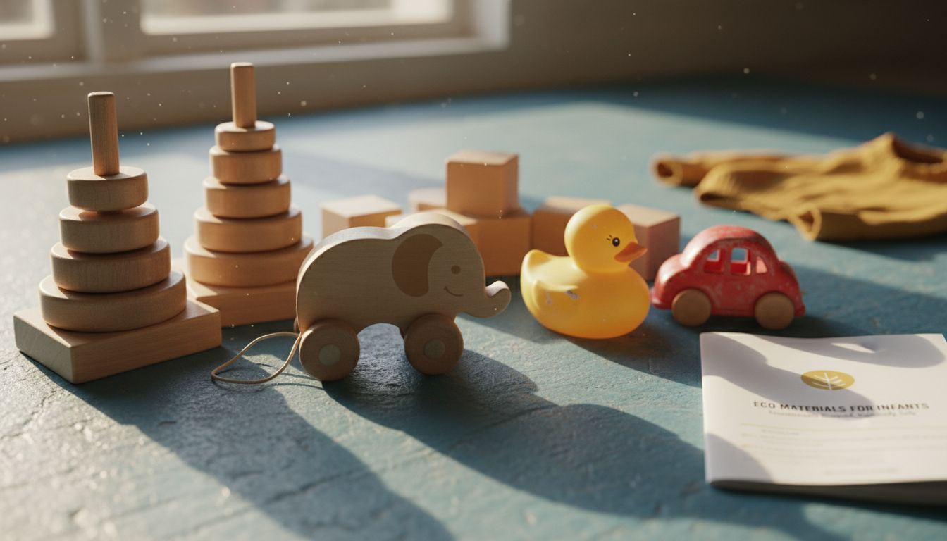 Wooden and plastic infant toys side by side