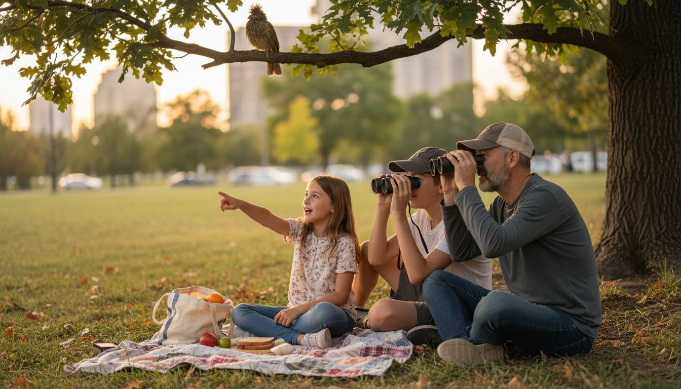 Une famille profite d'une sortie au parc pour observer les animaux ensemble.