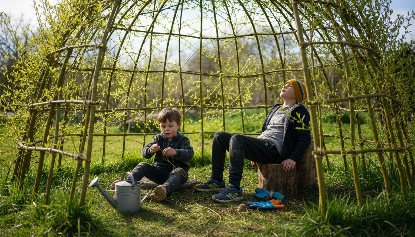 Children inside living willow playhouse construction