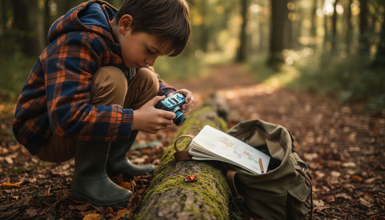 Un enfant s'amuse à prendre en photo un insecte qu'il a repéré lors d'une balade en forêt, sous les couleurs chatoyantes de l'automne.
