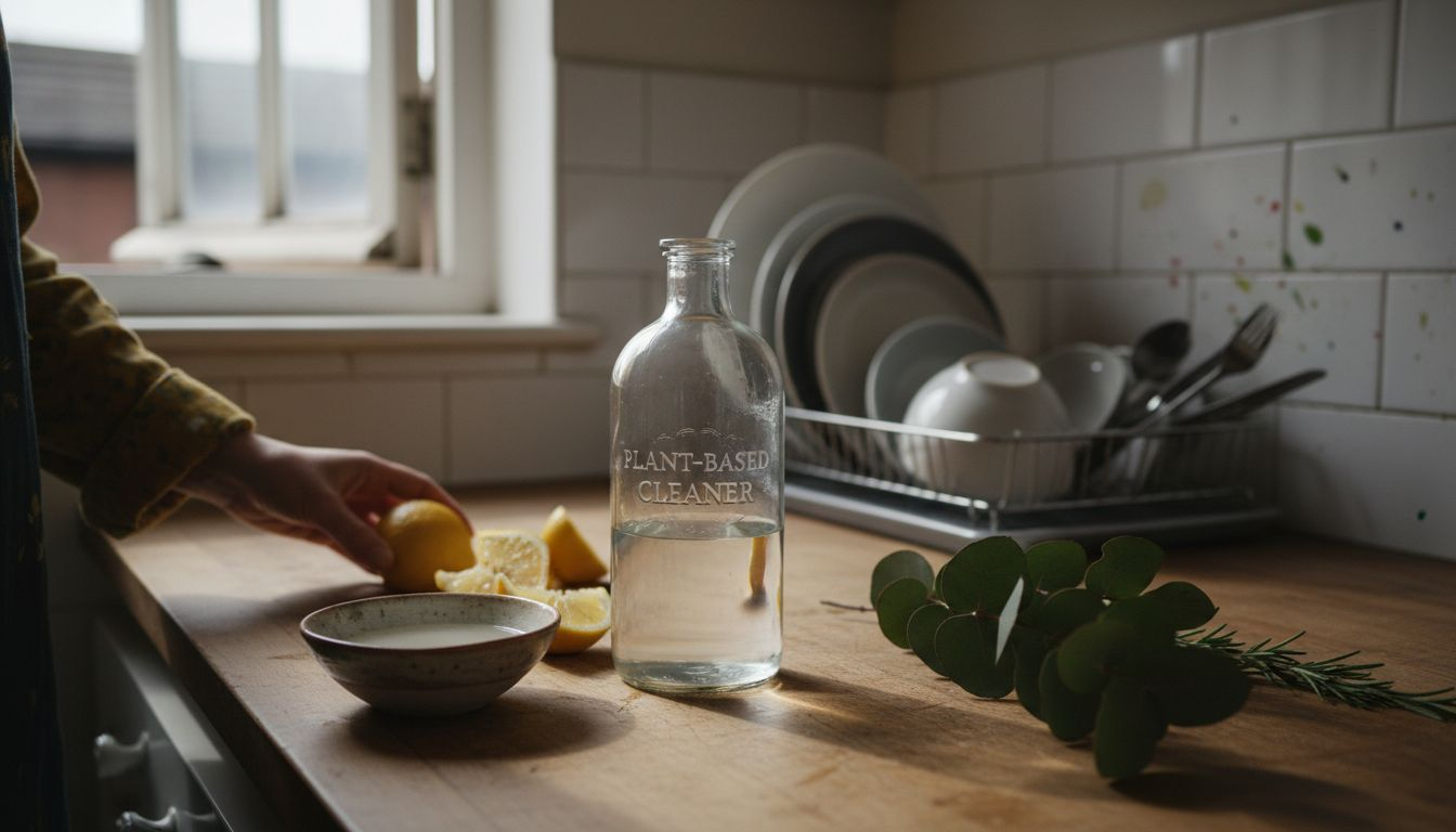 Plant-based cleaner bottle with kitchen ingredients