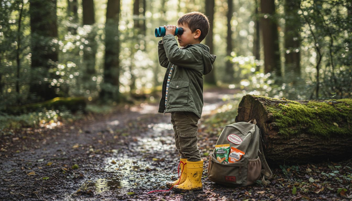 Un enfant observe les alentours avec des jumelles en marchant sur un chemin boueux.