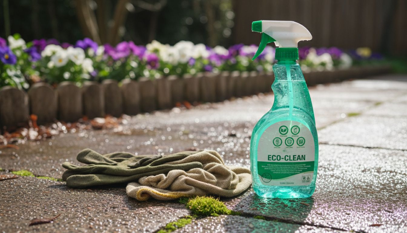 Eco-labeled cleaner bottle on mossy concrete