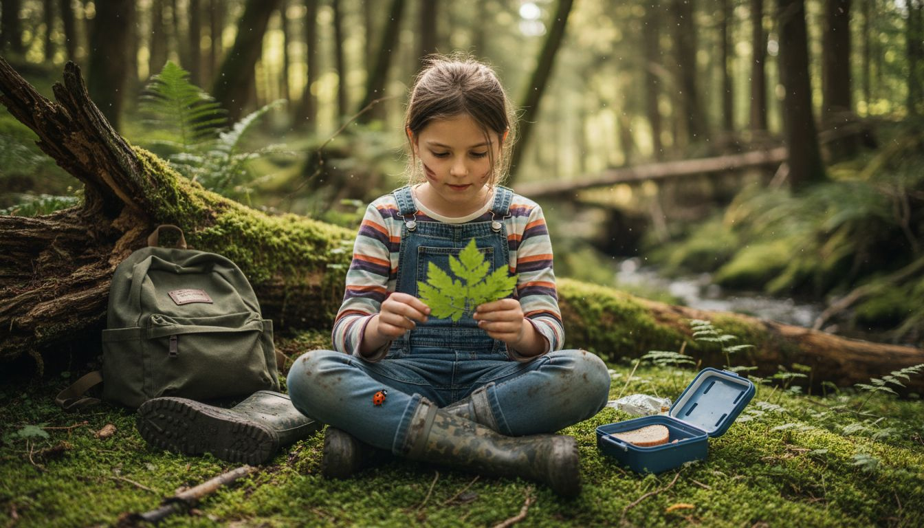 Un enfant, captivé, examine une feuille ramassée lors d'une promenade en forêt.