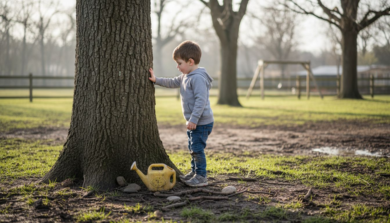 Un enfant découvre la nature en posant sa main sur l’écorce d’un arbre.