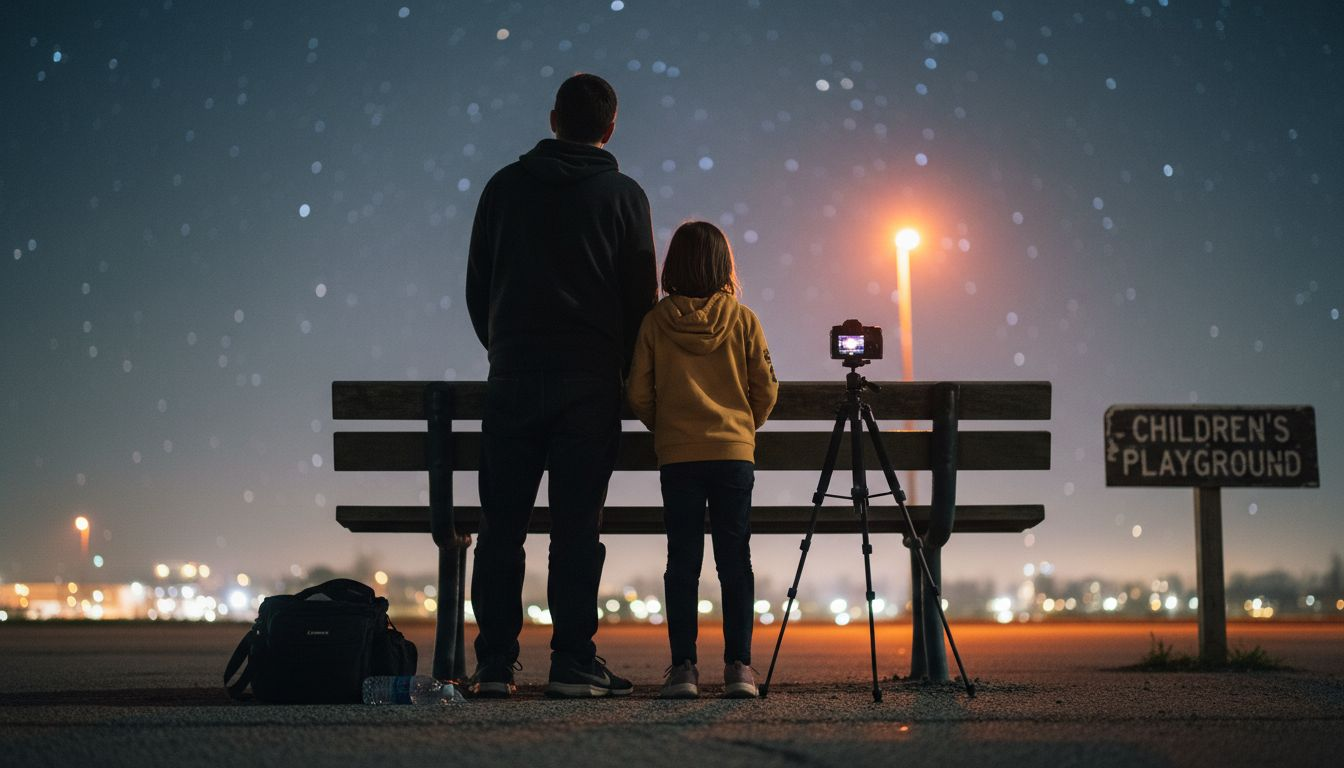 Family with camera near city lights star gazing