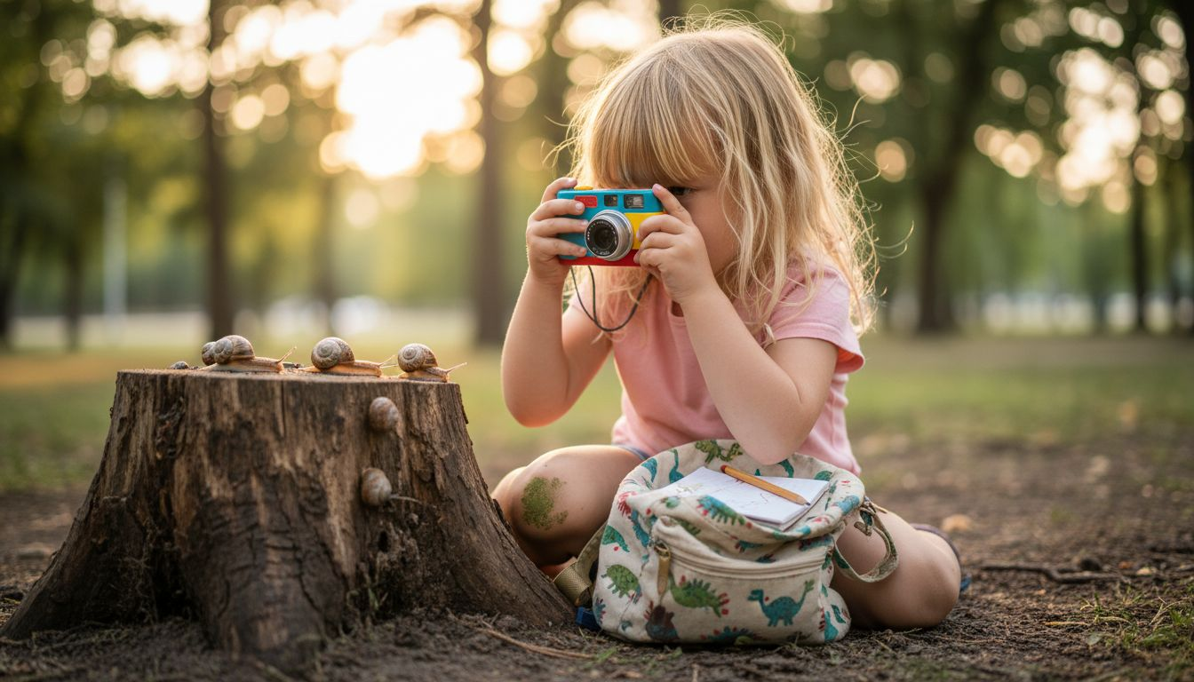 Petite fille en train de prendre un insecte en photo avec son appareil photo jouet lors d'une sortie nature