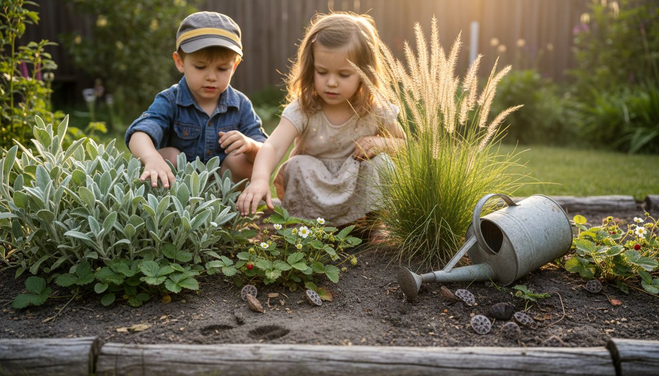 Children exploring textured native garden plants