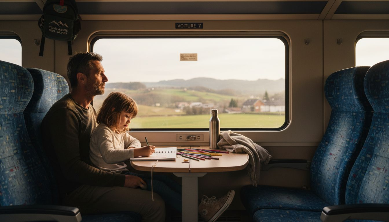 Voyage en train à travers l’Europe, main dans la main avec son enfant, à la découverte de nouveaux horizons et de moments précieux partagés.