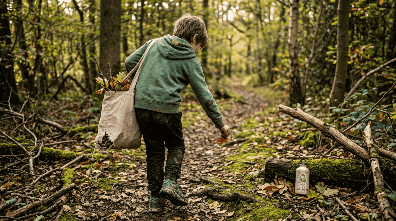 Child gathering twigs and leaves for crafts