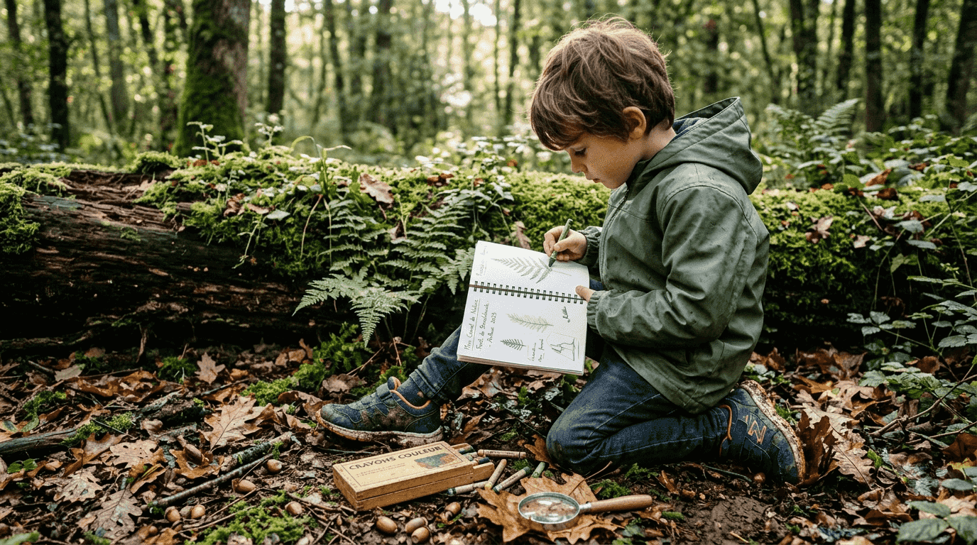 Un enfant observe attentivement les plantes de la forêt et les croque dans son carnet à dessins.