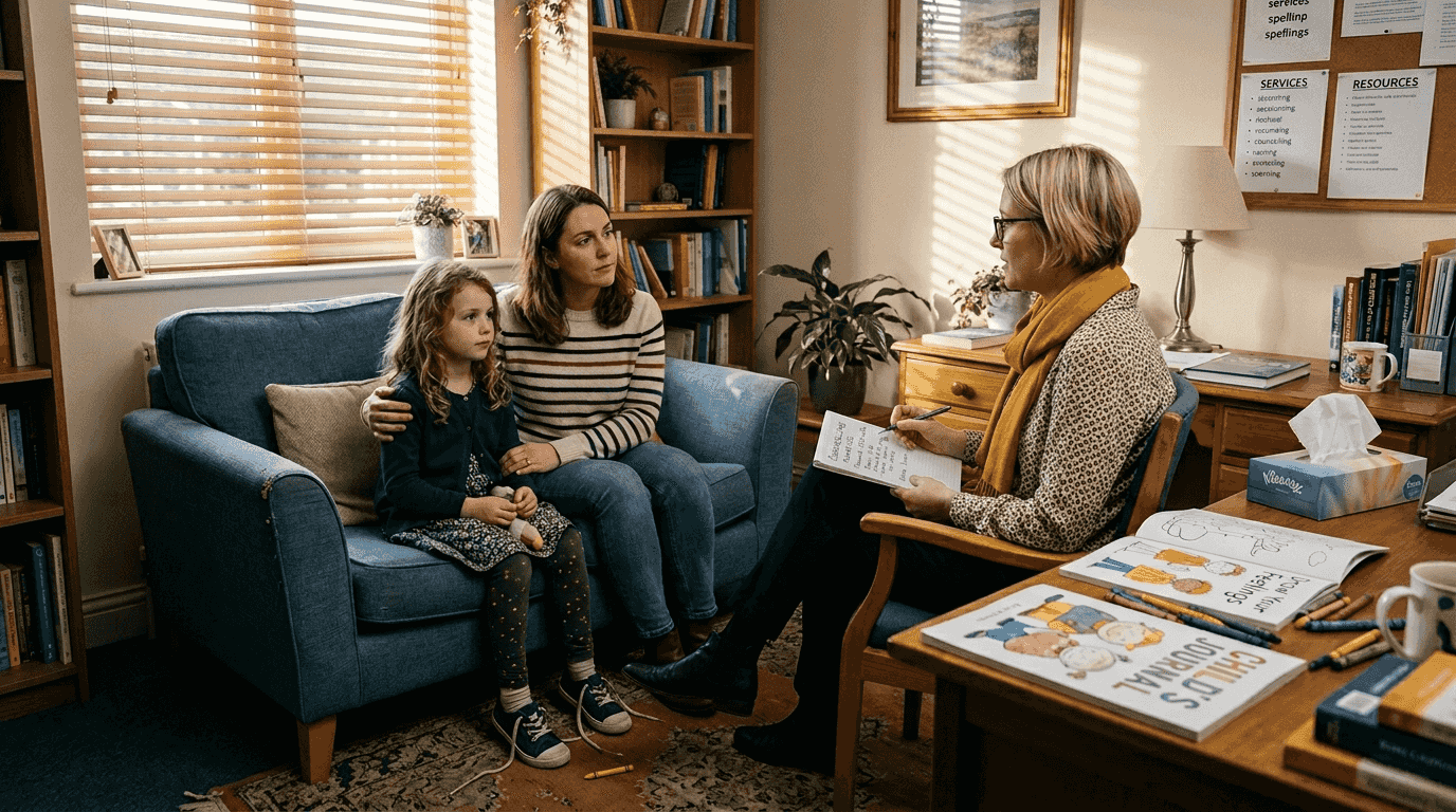 Family therapy pediatric counseling session in office