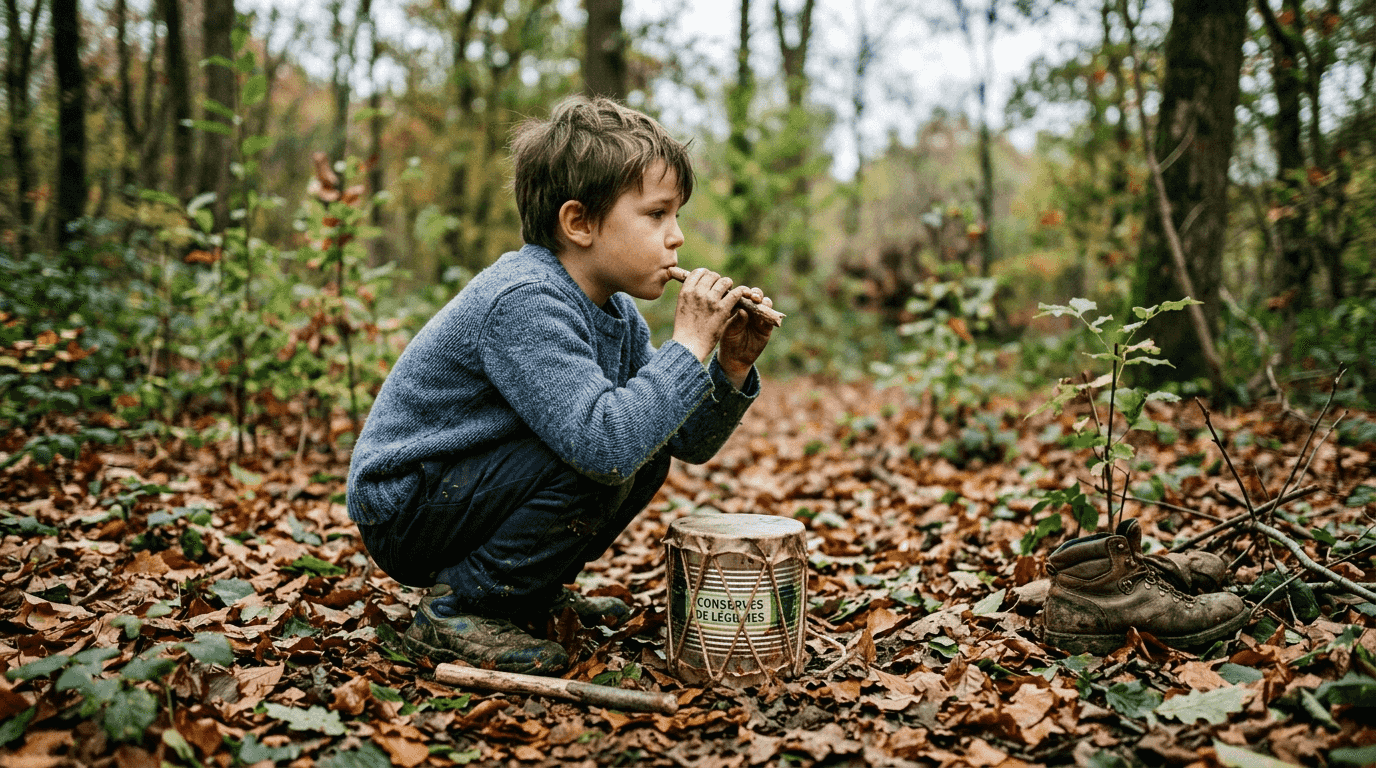 Un enfant s’amuse à fabriquer un instrument de musique avec des éléments trouvés dans la forêt, puis il en joue avec enthousiasme.