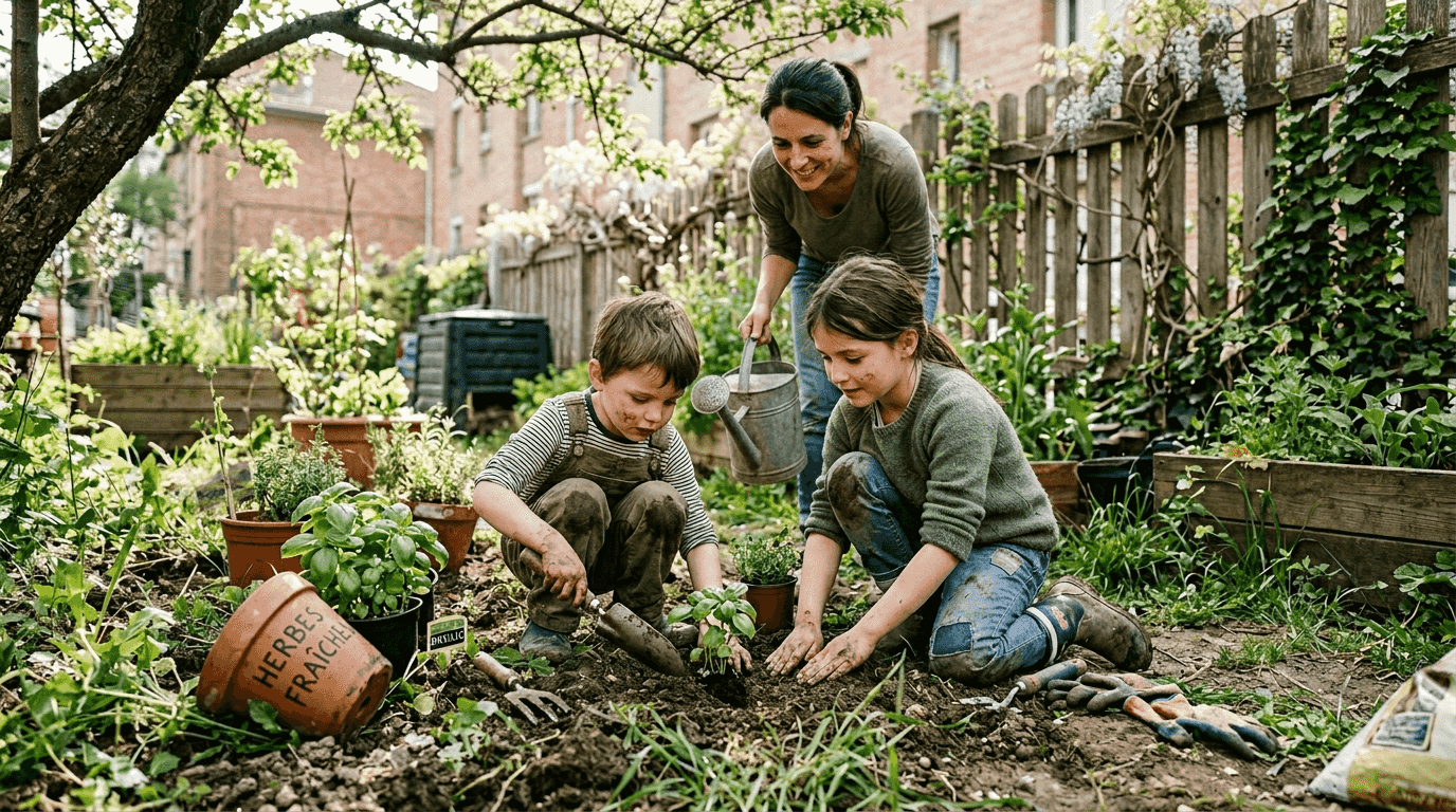Des enfants qui jardinent avec leur maman en plantant des herbes aromatiques