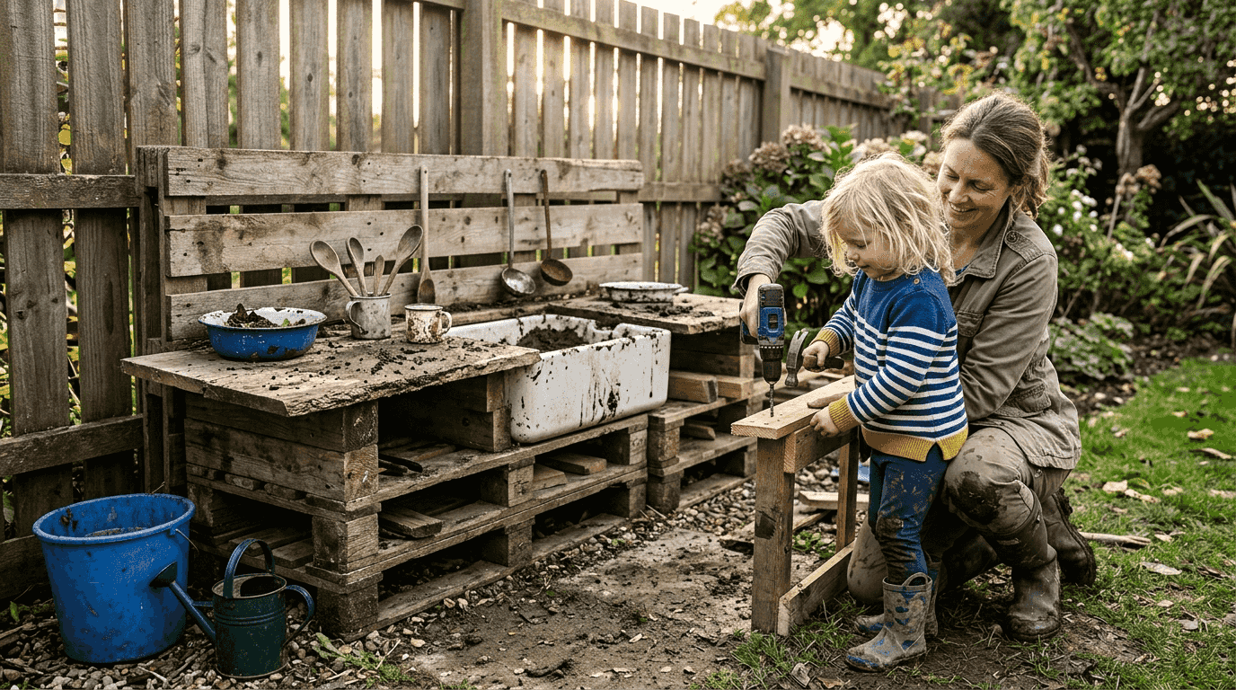 Child and parent building backyard mud kitchen
