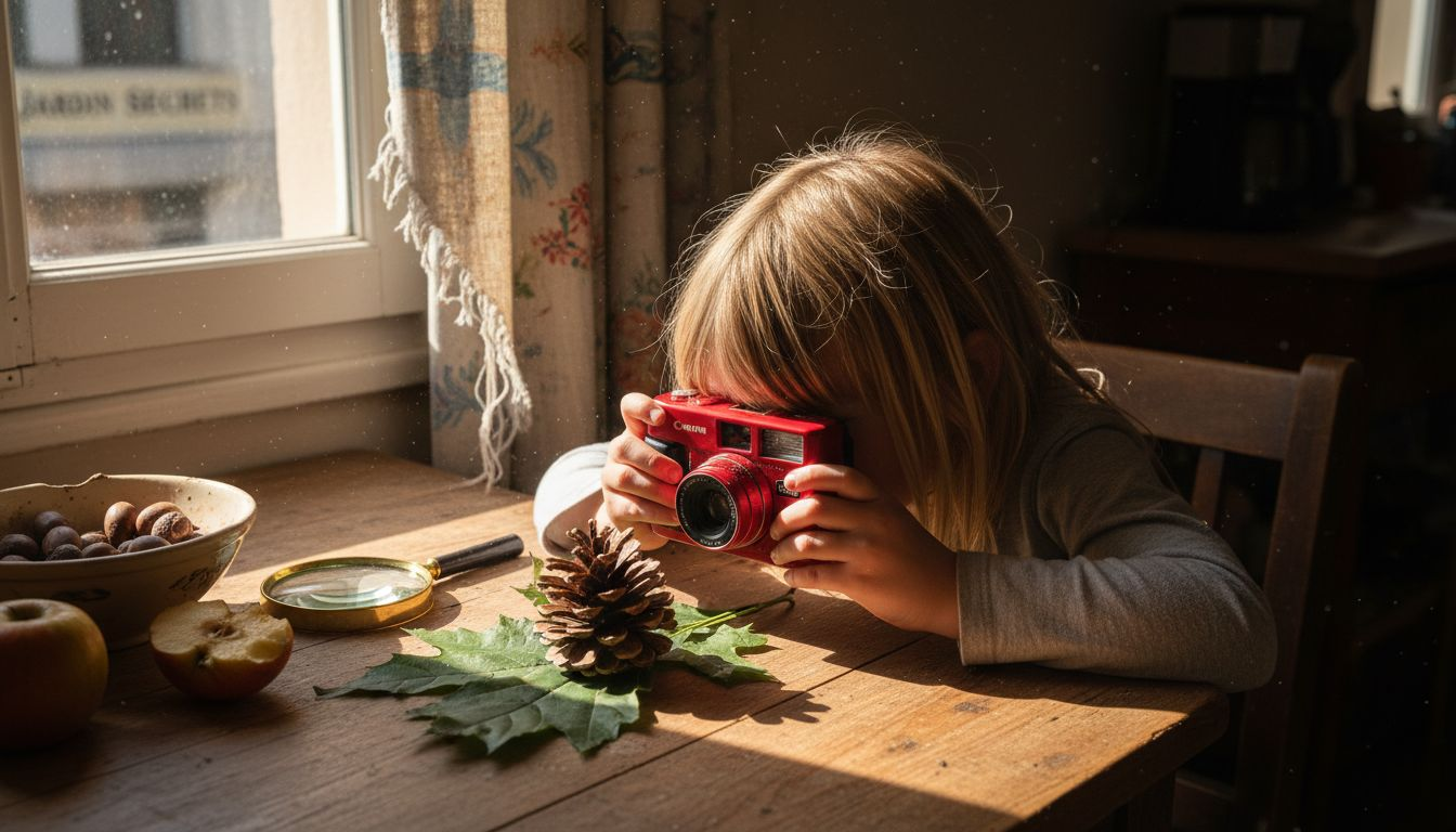 Un enfant s’amuse à prendre en photo une pomme de pin et une feuille à l’intérieur de la maison.