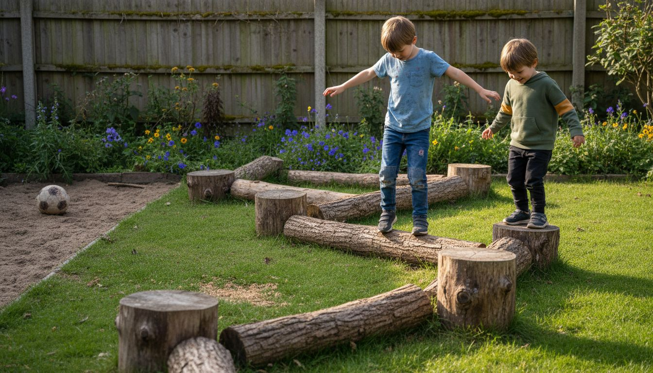 Kids balancing on logs and tree stumps outdoors