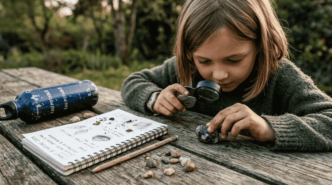 Un enfant, assis dans l’herbe, prend des notes sur une pierre qu’il observe attentivement dans son carnet.
