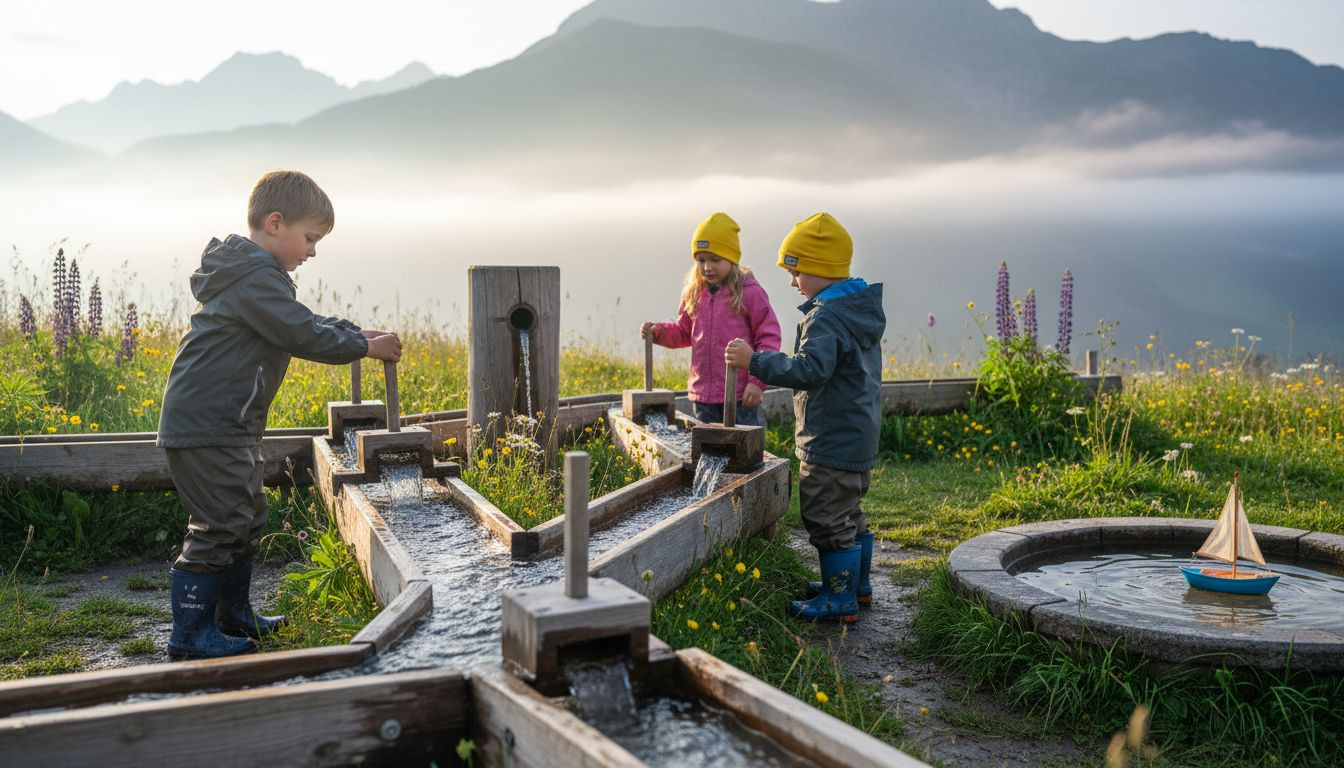 Children at Gwunderwasser water trough playground