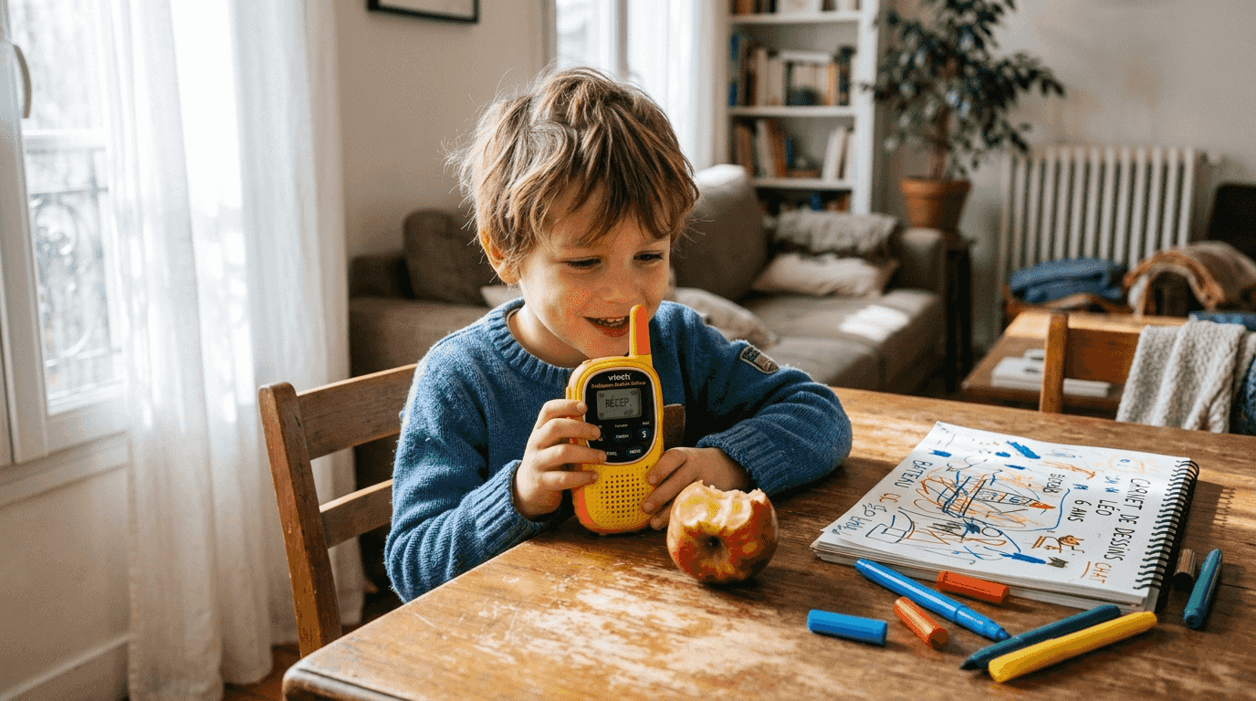 Petit garçon découvrant les fonctionnalités du talkie-walkie Kidizoom dans le salon