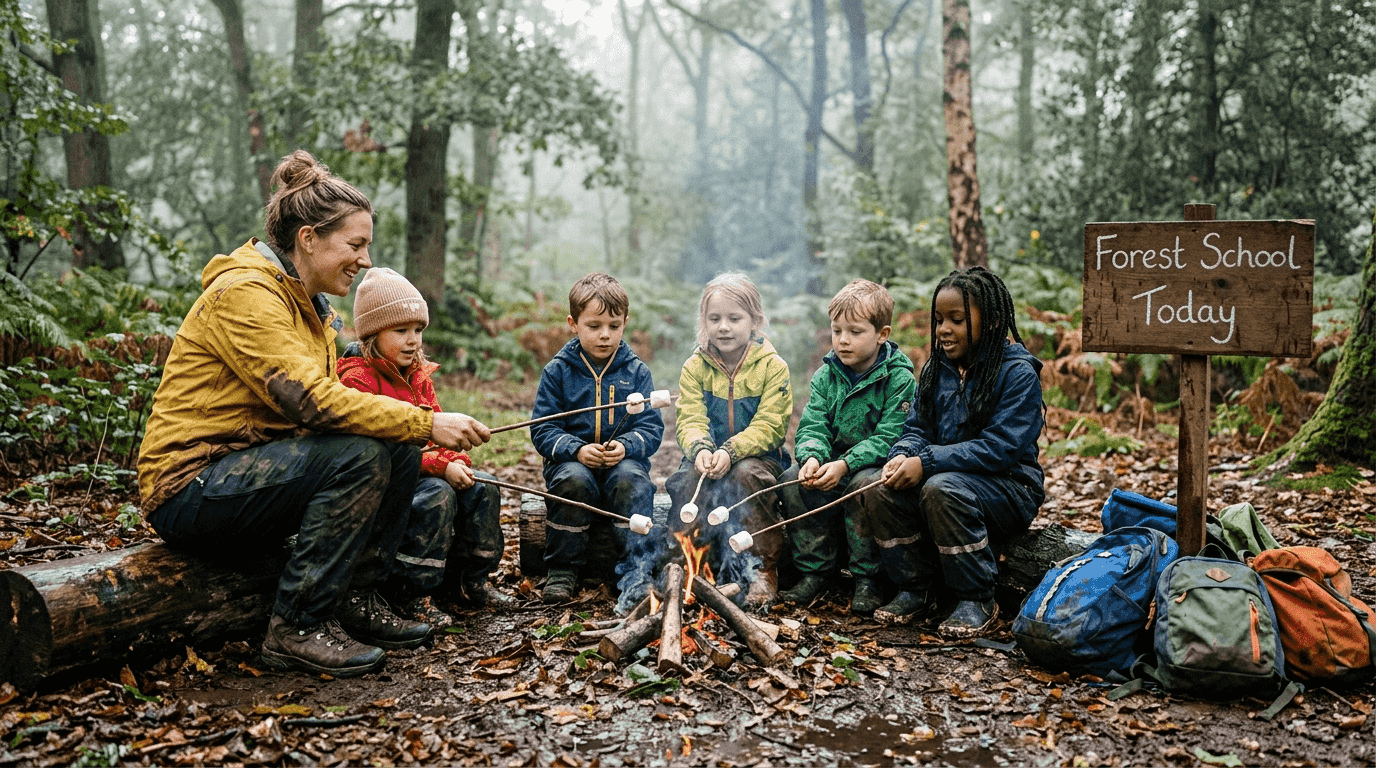 Forest School session with campfire in rain