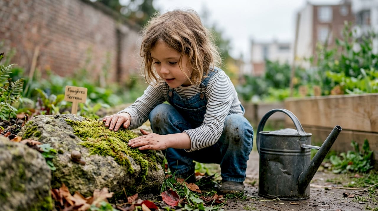 Une petite fille, fascinée, caresse la mousse du bout des doigts dans le jardin.