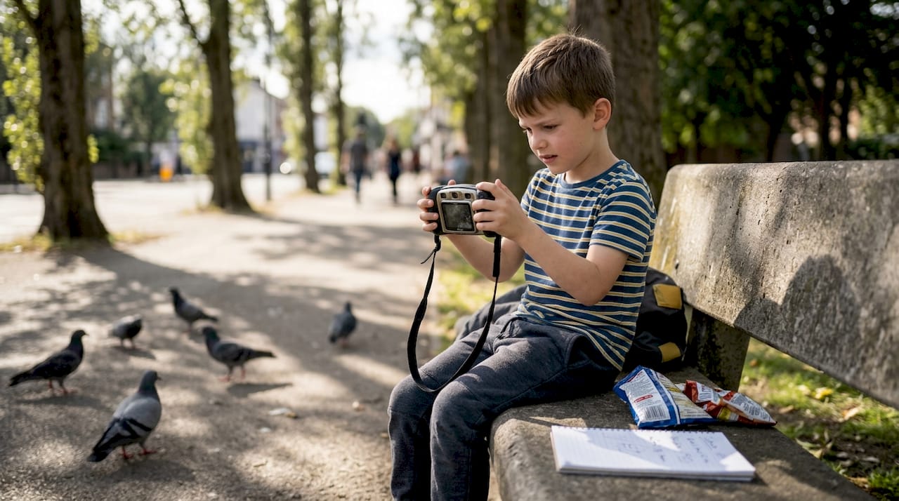 Boy practices framing shots sitting on park bench
