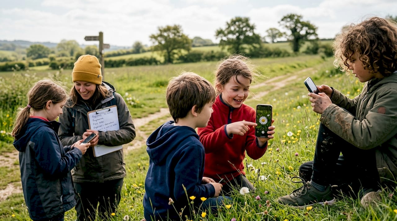 Children sharing photos during outdoor project