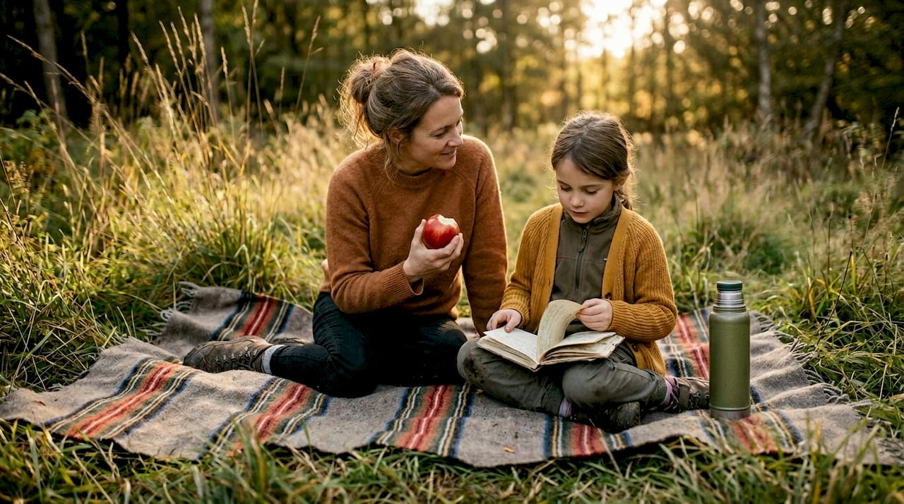 Après leur balade en pleine nature, la maman et son enfant partagent un moment d’échange.
