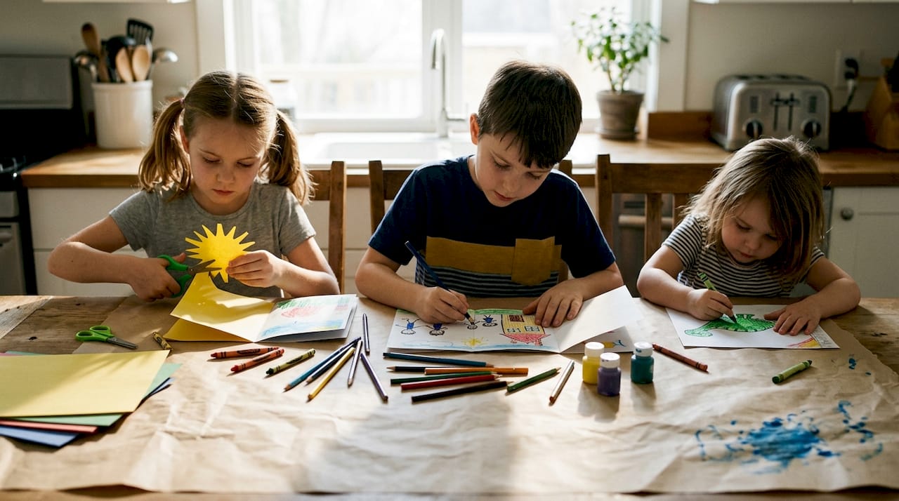 Children creating illustrated stories at kitchen table