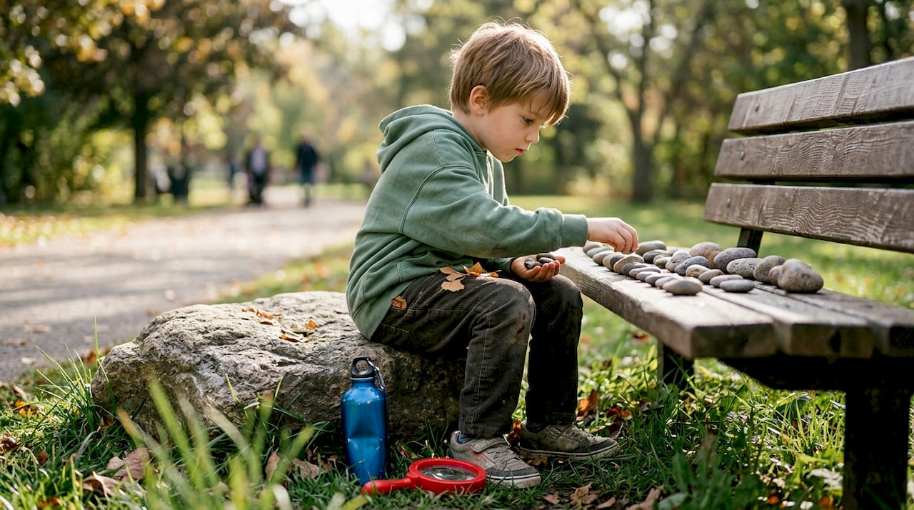 Un enfant s'amuse à trier les pierres et minéraux qu'il a ramassés lors d'une balade au parc.