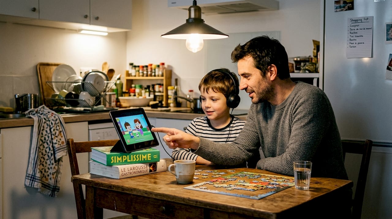 Un père partage un moment avec son enfant devant un écran, découvrant ensemble des contenus numériques.