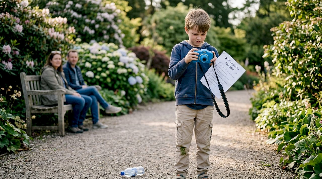 Boy adjusting camera in botanical garden