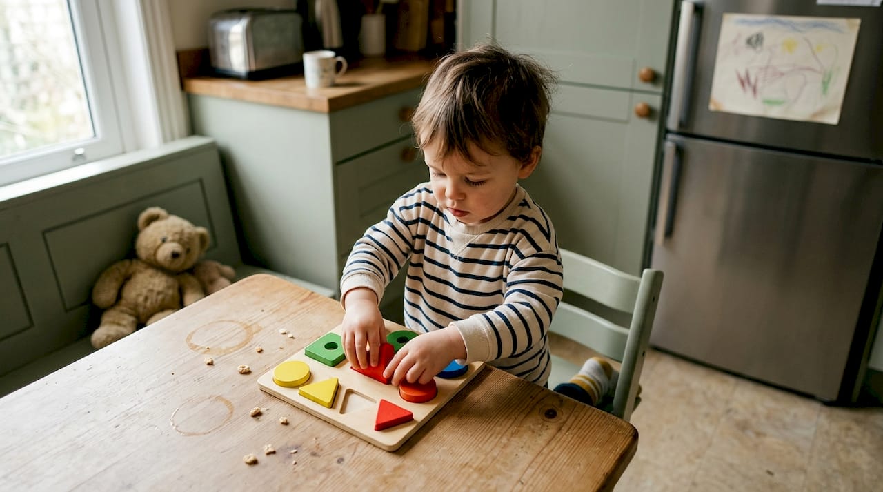 Toddler playing with sorting toys on kitchen floor