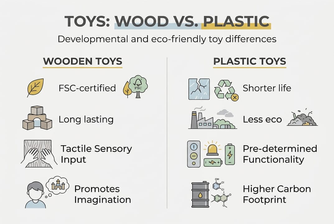 Infographic comparing wooden and plastic toy benefits