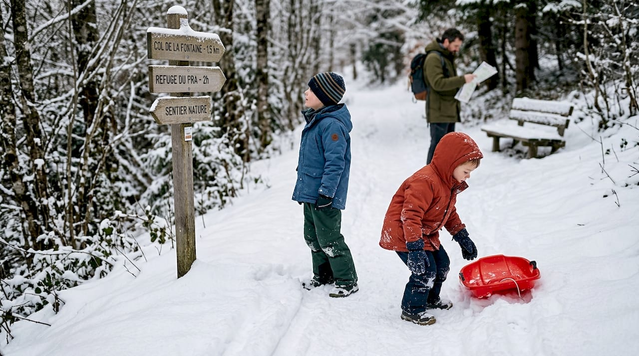 Des enfants s’aventurent sur un chemin enneigé, découvrant la forêt sous son manteau d’hiver.