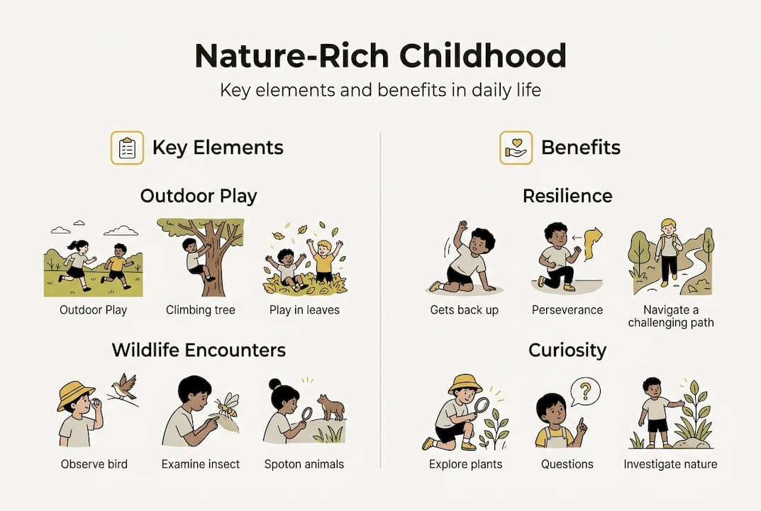 Infographic summarizing elements and benefits of nature play