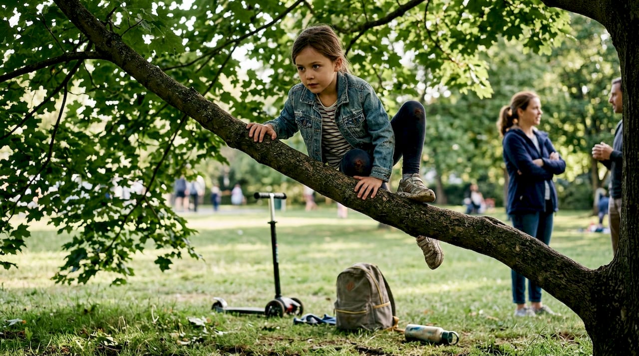 Child climbing tree with adult supervising nearby