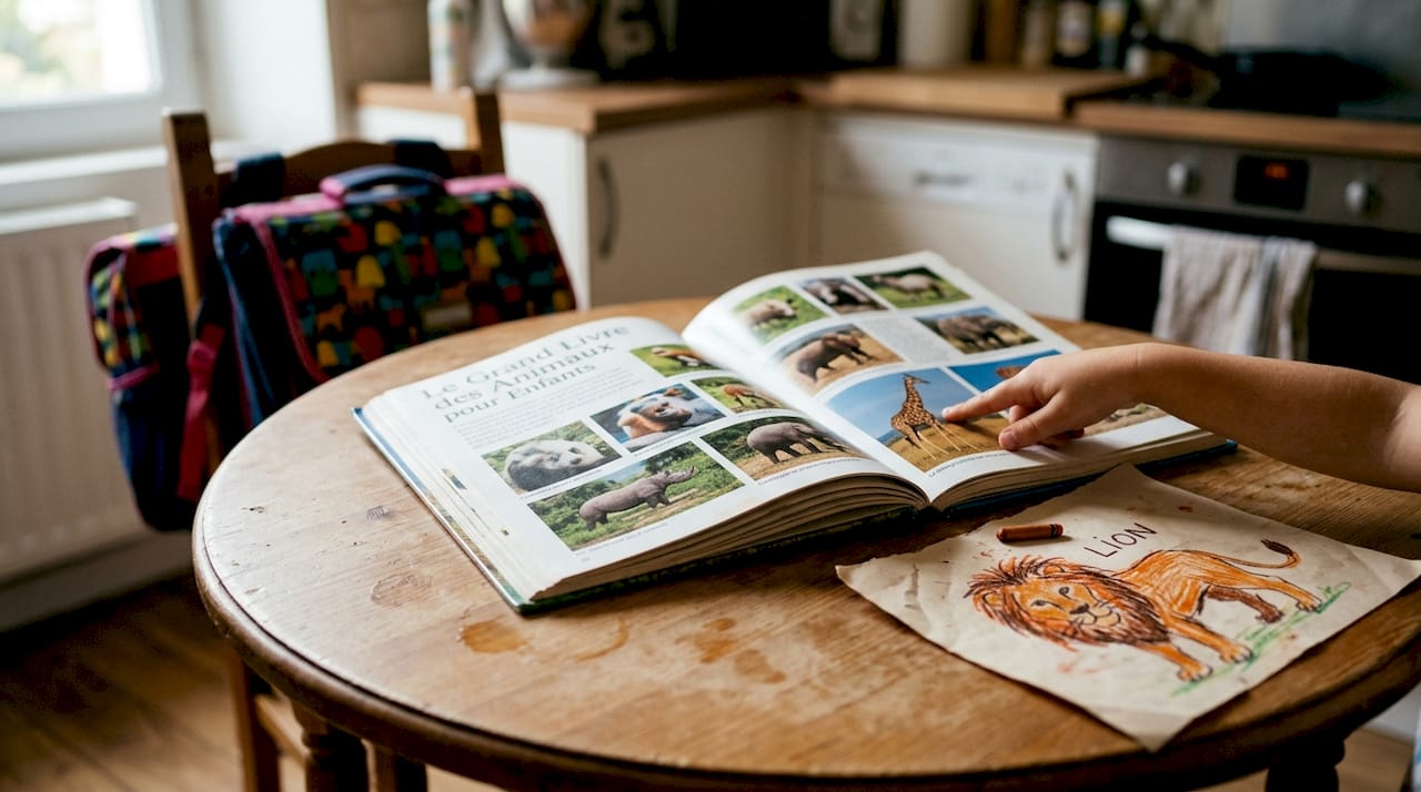 Des enfants feuillettent ensemble un livre illustré sur les animaux, curieux de découvrir toutes ses merveilles.
