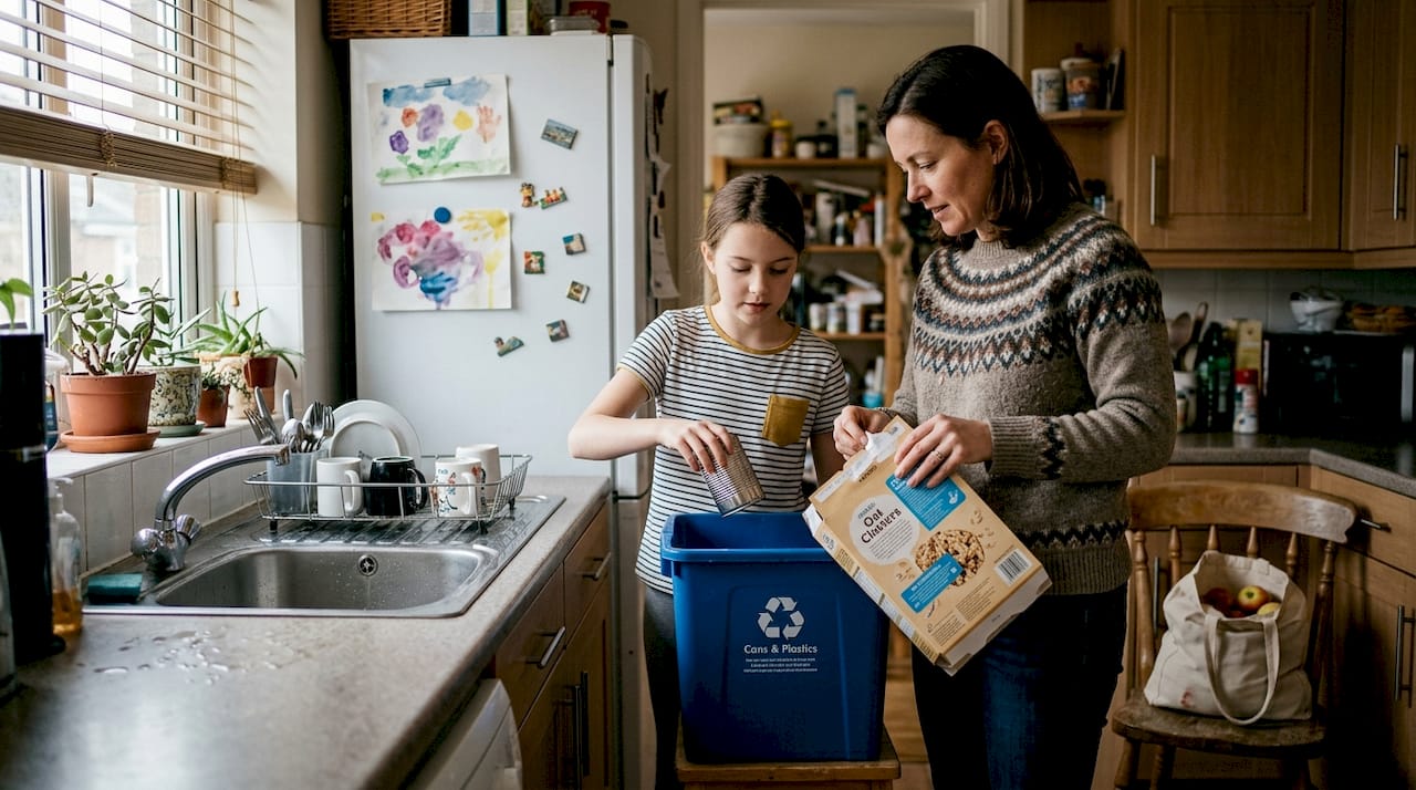 Family sorts recyclables in kitchen